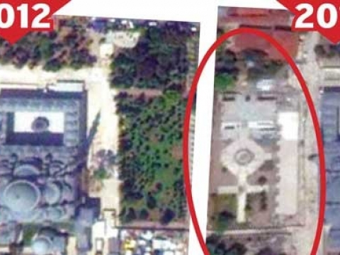 Fatih camii avlusu beton yığını ve haç motifi