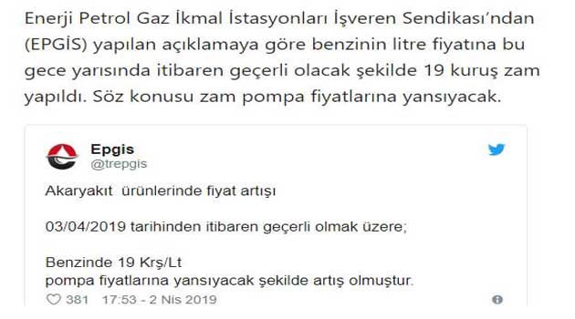 Elektrikten sonra benzine zam